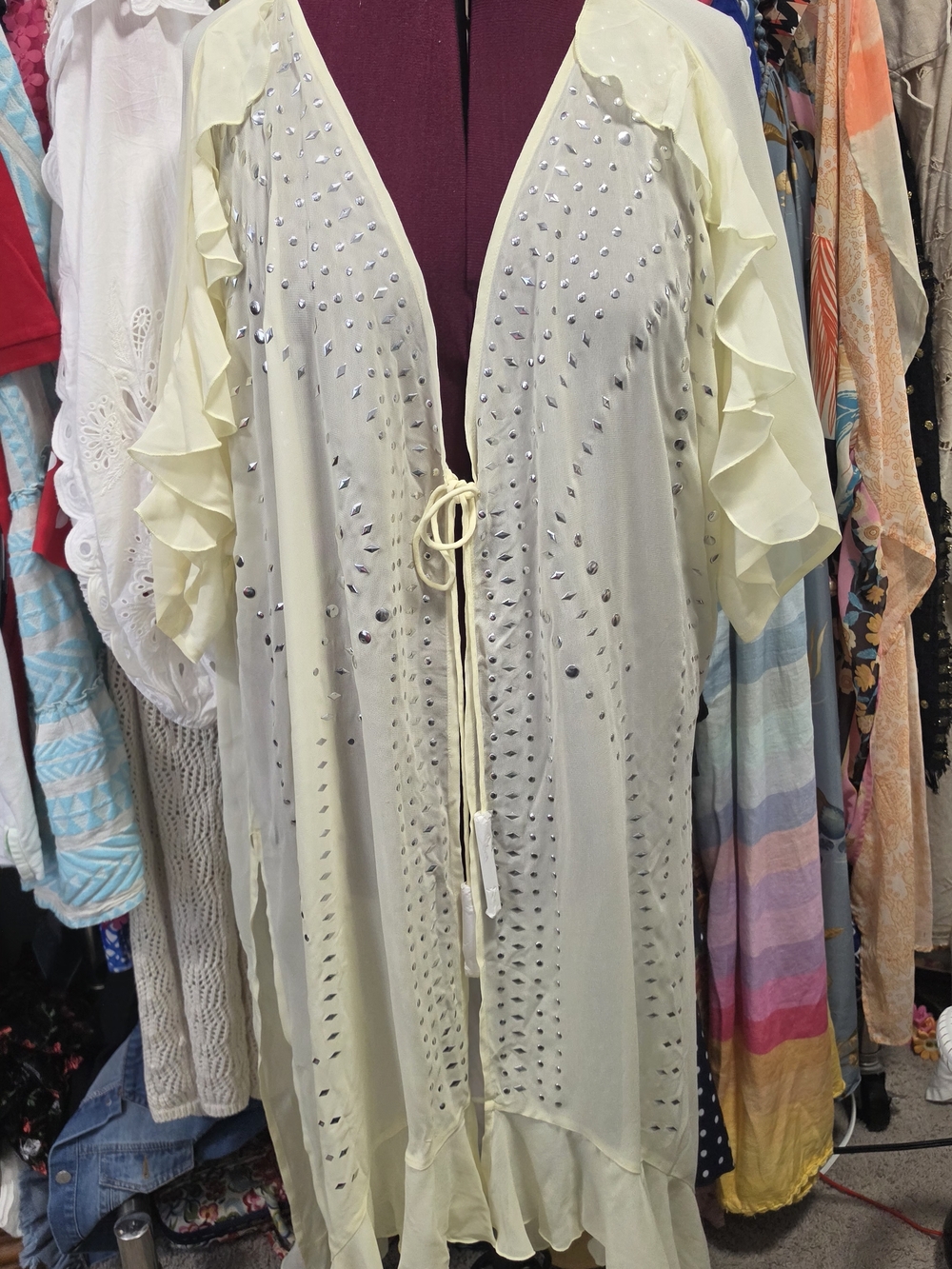 FREE PEOPLE butter Yellow Ruffle Sleeve Beaded Kimono